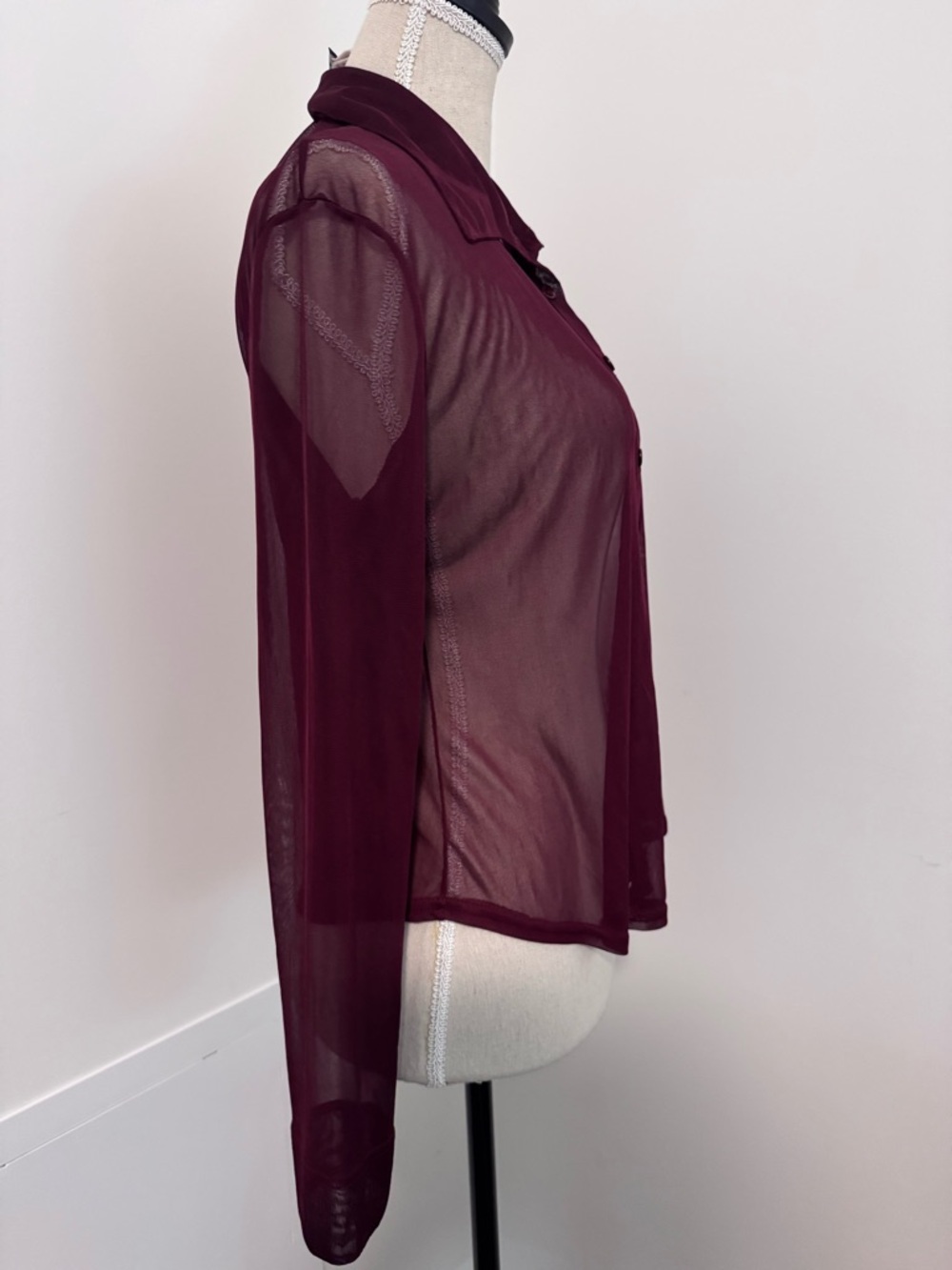 Anxiety Cafe Burgundy Sheer Collared Long Sleeve Button Down VTG Top Blouse M - Picture 3 of 11